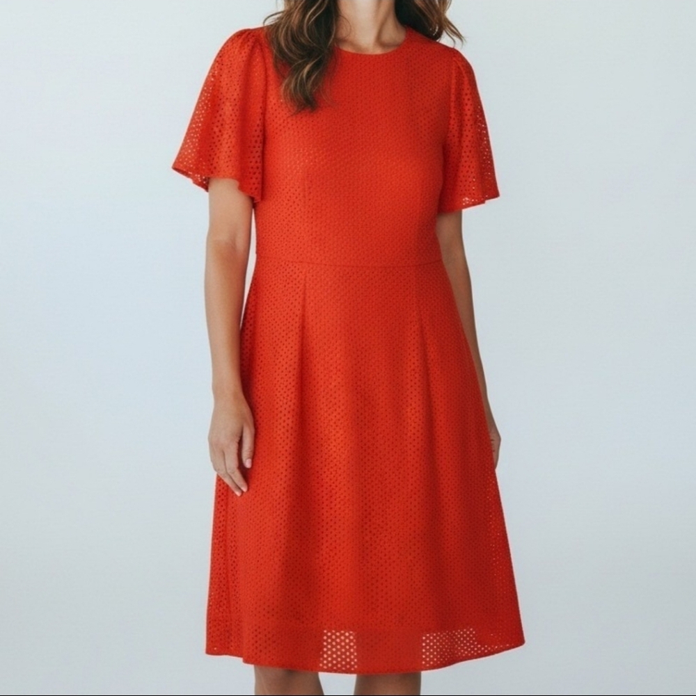 J. Crew 100% cotton orange eyelet round neck flutter sleeve dress size 8